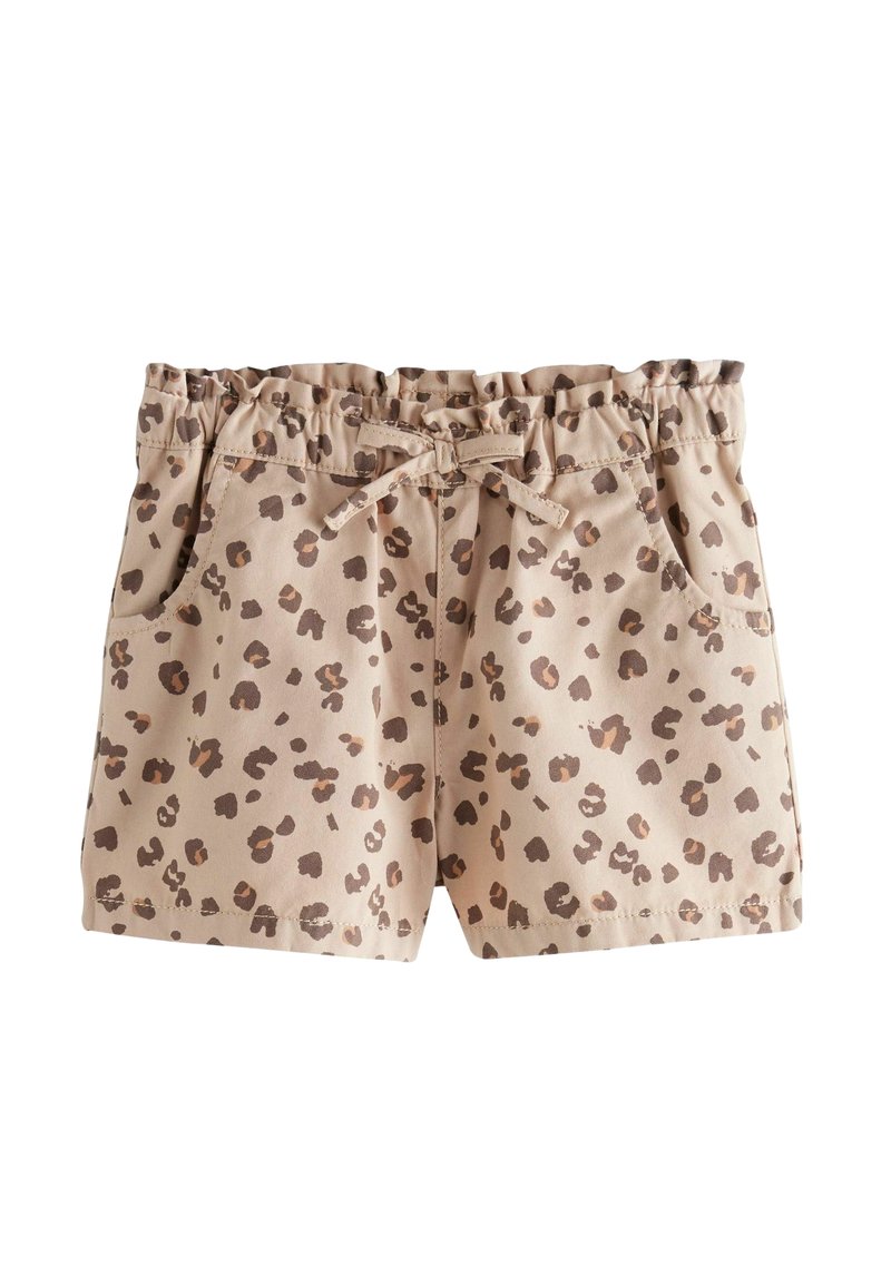 Shorts beige pour tout-petit avec imprimé léopard marron, taille élastique, poches avant et cordon de serrage noué au centre devant.