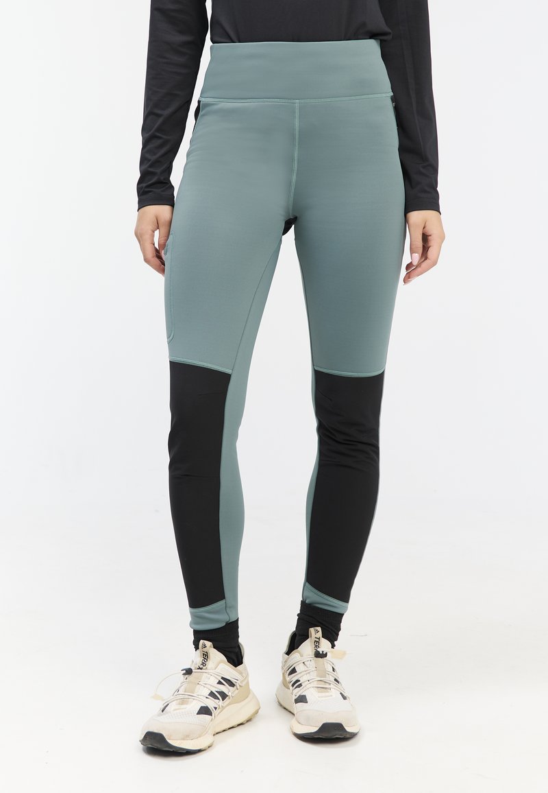 Hoge taille leggings in een mix van teal en zwart, met een gladde textuur, een strakke pasvorm en een zijzakje.