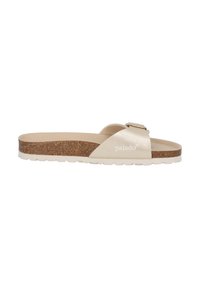 Beige halksandaler med korksula, med ett texturerat ovandelsmaterial och en metallisk spänne för justering. Brandlogotyp synlig.