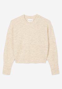 Suéter de punto beige con mangas largas, cuello redondo y diseño corto. Presenta una textura suave y un patrón sutil en toda la prenda.
