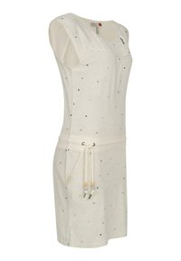 Witte jurk met kleine blauwe en zilveren stippen. Voorzien van een ronde halslijn, korte mouwen en een verstelbare taille met een trekkoord.