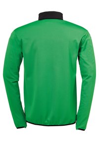 Giacca sportiva verde con texture liscia, maniche lunghe e collare nero. Presenta un design semplice e solido senza decorazioni.