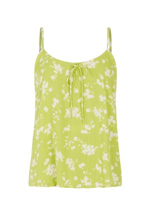 Top verde sans maniche con una stampa floreale bianca, caratterizzato da un dettaglio annodato sul davanti, in tessuto leggero e con una vestibilità comoda.