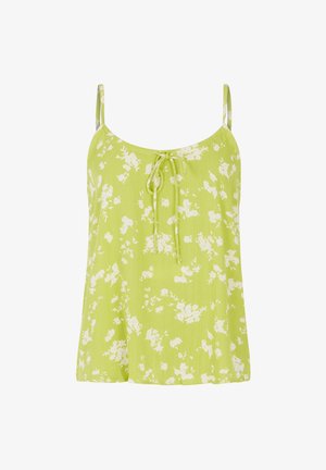 Grøn ærmeløs top med hvidt blomstermotiv, der har en bindedetalje foran, letvægtsstof og en afslappet pasform.