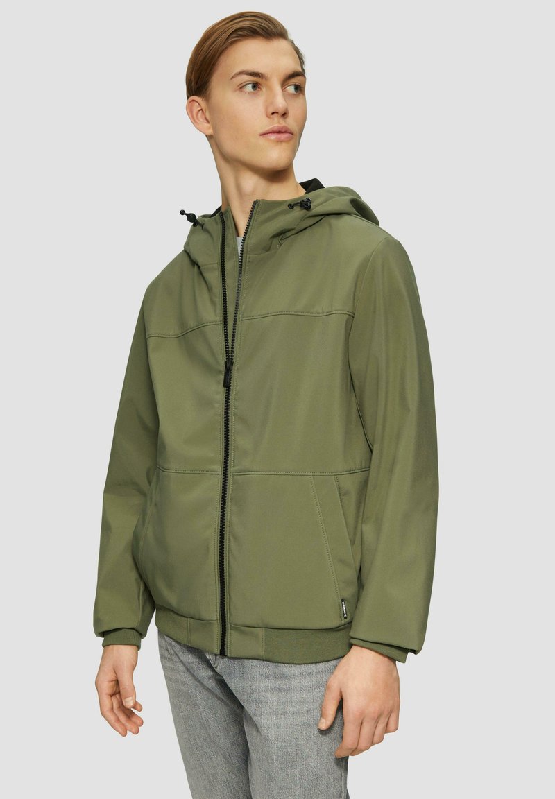 Olivgrüne Kapuzenjacke mit einem Frontreißverschluss, seitlichen Taschen und elastischen Bündchen. Glatter Stoff mit strukturierten Nähdetails.
