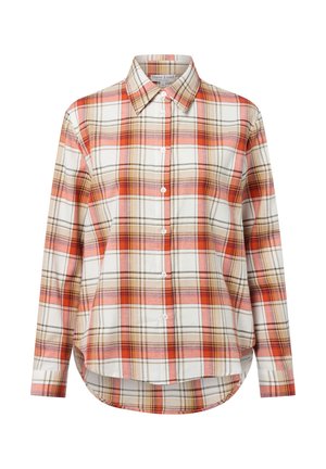 Red and beige plaid button-up shirt with long sleeves, a collared neck, and a slightly curved hemline. Made of lightweight fabric.
