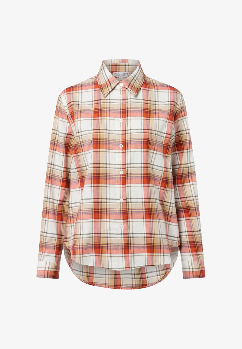 Red and beige plaid button-up shirt with long sleeves, a collared neck, and a slightly curved hemline. Made of lightweight fabric.