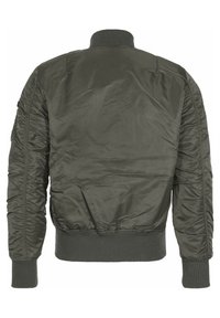 Olive green bomber jacket made from smooth, lightweight fabric, featuring ribbed collar and waistband, with gathered accents on sleeves.