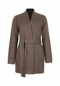 Brun ullslwrap-kappa med en sömlös design, långa ärmar, en bred krage och ett självknutbart bälte, med två framfickor.