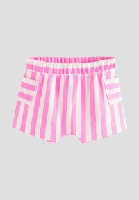 Shorts rayés roses et blancs avec une texture douce, dotés d'une taille élastique et de deux poches latérales. Design à coupe courte.