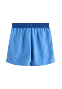 Μπλε σορτς κολύμβησης με ελαστική μέση, κατασκευασμένα από απαλό ύφασμα, με απλό σχέδιο και άνετη εφαρμογή. Χωρίς σχέδια ή διακοσμητικά στοιχεία.