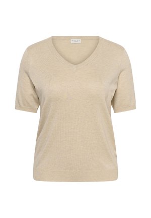 Maglia beige a manica corta con scollo a V, orlo aderente e tessuto morbido e strutturato.