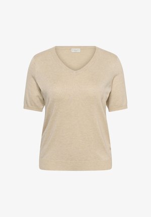 Šviesiai rudas trumpomis rankovėmis V formos iškirptės megztinis su aptemptu kraštu ir minkštu tekstūruotu audiniu.