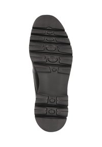 La semelle de chaussure en caoutchouc noir présente une surface texturée avec des rainures et des motifs circulaires pour une adhérence et une prise optimale. Bord arrondi et design flexible.