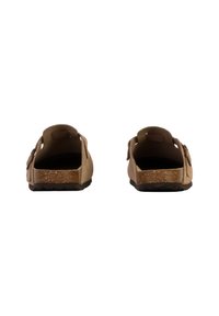 Brown cork sandals with an open back and adjustable strap, featuring a textured sole and a smooth upper surface.