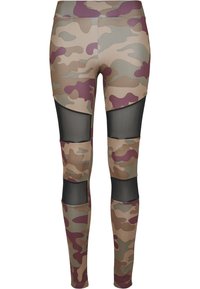 Camouflage leggings featuring a blend of tan, green, and burgundy, with sheer black mesh panels at the knees for added texture and design.