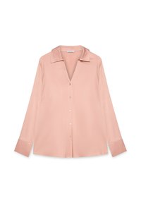 Blusa di raso rosa chiaro con maniche lunghe, colletto a punta e chiusura con bottoni. Presenta una vestibilità rilassata e due tasche laterali.
