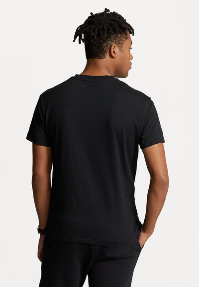 Black short-sleeve t-shirt made of soft fabric, featuring a classic crew neckline and a relaxed fit, viewed from the back.