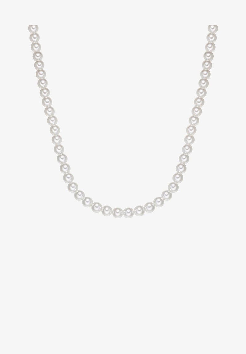 Klassikaline pärlnöör, mis sisaldab ühtlaselt suurusega, läikivaid valgeid pärleid, mis on ritta stringitud, näidates siledat, läikivat pinda ja ühtlast kuju.