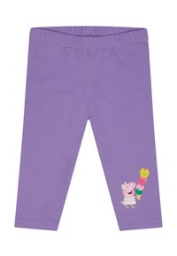 Leggings violets en tissu doux avec un motif imprimé d'un cochon tenant trois cornets de glace sur la jambe gauche.