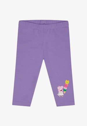 Collant viola realizzati in morbido tessuto, caratterizzati da una stampa che raffigura un maiale che tiene tre coni gelato sulla gamba sinistra.