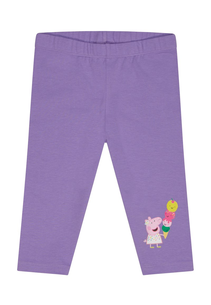 Leggings violets en tissu doux avec un motif imprimé d'un cochon tenant trois cornets de glace sur la jambe gauche.