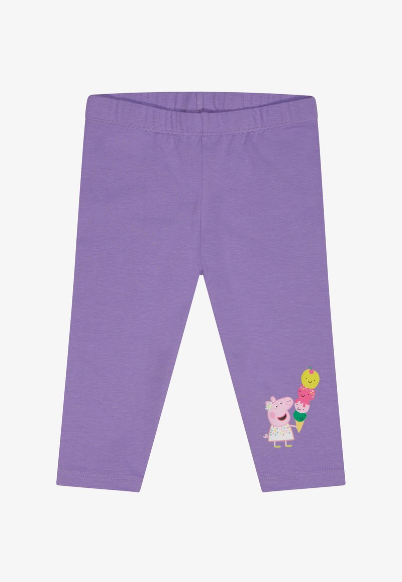 Paarse leggings gemaakt van zachte stof met een geprint ontwerp van een varken dat drie ijsjes vasthoudt op het linkerbeen.