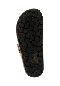 Semelle d'une sandale avec un motif de bande de roulement ondulé noir, des bords couleur tan, et une taille 36 indiquée en dessous.