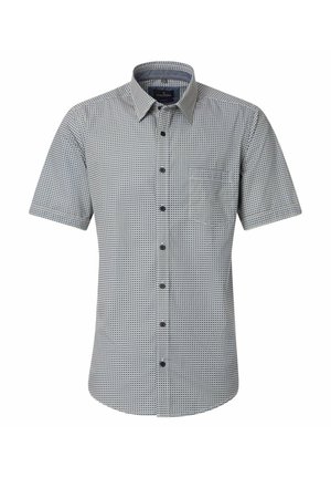 Kortærmet skjorte med knapper foran, med sort-hvidt geometrisk mønster og spids krave, vist på hvid baggrund.