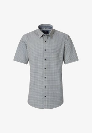 Kurzärmeliges Hemd mit Knopfleiste, kleinem schwarz-weißem geometrischem Muster und spitzem Kragen, dargestellt vor weißem Hintergrund.