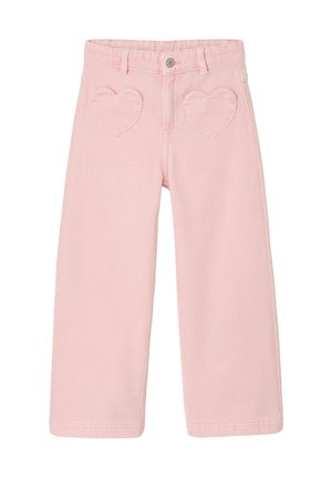 Light pink wide-leg pants with front button and zipper, featuring two heart-shaped front pockets.