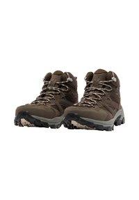 Stivali da trekking marroni con design alto, materiali in rete e suede, lacci argentati e una suola robusta nera e beige per una migliore trazione.