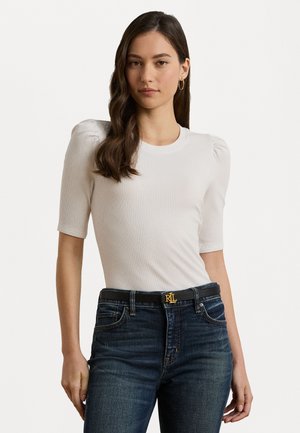 COTTON BLEND RIB KNIT PUFF SLEEVE TEE - T-shirts - white