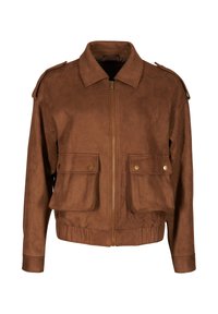 Brązowa skórzana kurtka z zamkiem z przodu, dwiema dużymi przednimi kieszeniami i naramiennikami. Posiada ribbowany dół i mankiety.