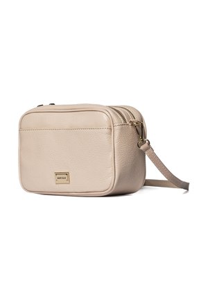Beige strukturierte Leder-Crossbody-Tasche mit zwei Reißverschlussfächern und abnehmbarem Riemen, mit kleiner goldener Marc Ellis Logo-Plakette.