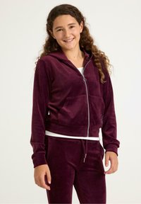 Paarse velours zip-up hoodie met een voorzak en geribde mouwen, gecombineerd met bijpassende velours broek. Gladde textuur, casual pasvorm.
