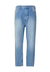 Světle modré denimové jeansy se střihem rovného nohavice, pěti kapsami a uzávěrem na přední knoflík. Mají jemné vyblednutí a prošívané detaily.