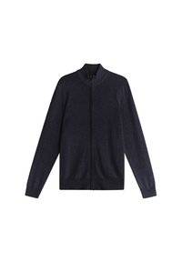 Granatowy kardigan na zamek, wykonany z miękkiej dzianiny, z wysokim kołnierzem, długimi rękawami oraz ściągaczami na mankietach i dolnej krawędzi.