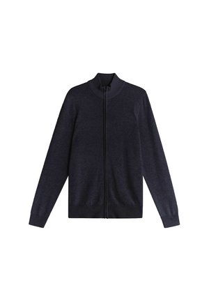 Mørkeblå zip-up cardigan lavet af blødt strikstof, med højt krave, lange ærmer samt ribkantede manchetter og kant.