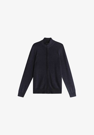 Mørkeblå zip-up cardigan lavet af blødt strikstof, med højt krave, lange ærmer samt ribkantede manchetter og kant.
