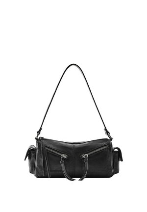 Sac à main en cuir noir avec une bandoulière unique et deux poches avant zippées avec de longues tirettes.
