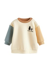 Børnesweater med cremefarvet krop, skæve blå og beige ærmer, brunt krave og teksten "Wild Vibes" med trægrafik på brystet.
