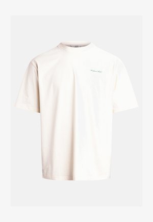 Short-sleeve, crew-neck t-shirt in off-white cotton with subtle green text logo on the chest, featuring a relaxed fit and soft texture.