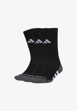 Drie zwarte crew-sokken met grijze tenen en hielen, voorzien van een wit driehoekig logo en gestreepte details aan de zijkant.