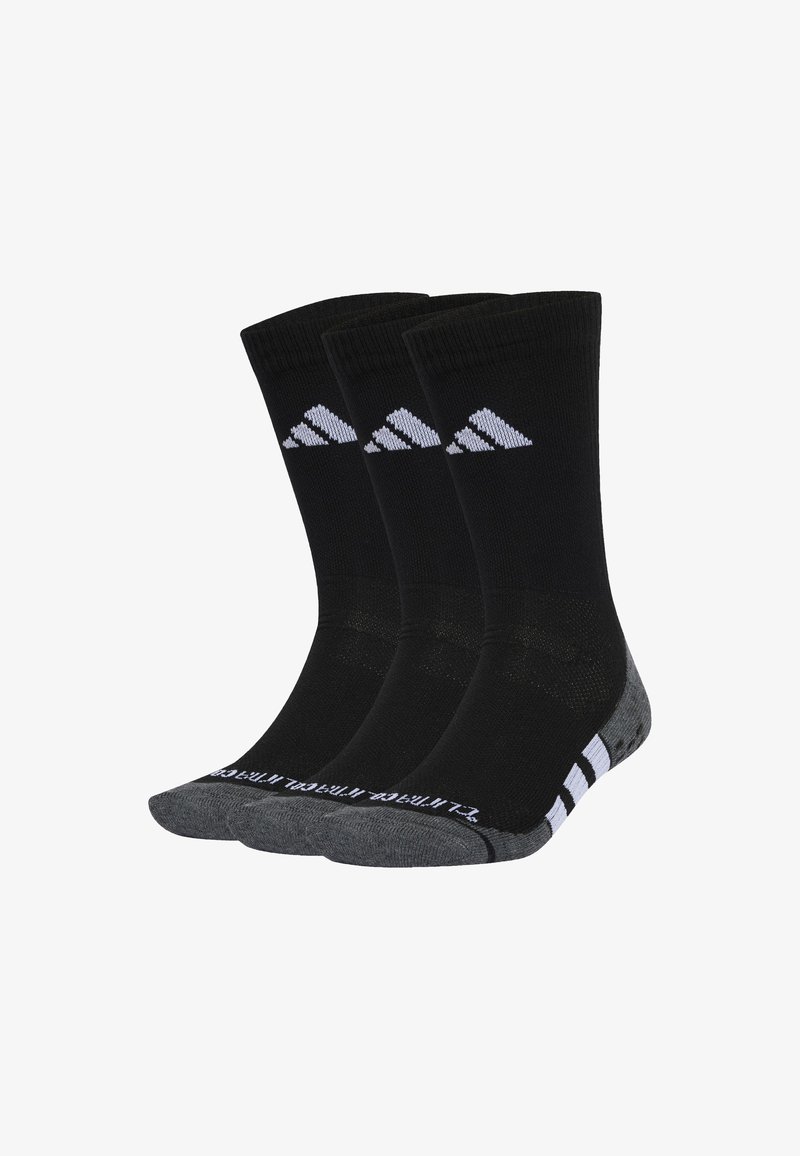 Drie zwarte crew-sokken met grijze tenen en hielen, voorzien van een wit driehoekig logo en gestreepte details aan de zijkant.