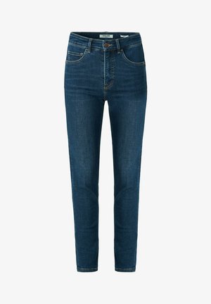 Plave traperice s visokim strukom, uskim krojem, pet džepova, suptilnim šavovima i zatvaranjem na dugme. Mekana tekstura i glatka završna obrada.