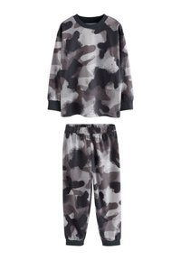 Ensemble de pyjama à motif camouflage en nuances de gris. Haut à manches longues et pantalon à taille élastique, tous deux dotés d'une texture douce et de poignets côtelés.