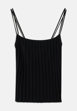 Zwarte geribbelde camisol met dunne verstelbare bandjes, voorzien van een rechte halslijn en een zachte stoftextuur, die een slank silhouet benadrukt.