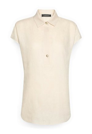 Blusa sin mangas color beige con cuello puntiagudo y dos botones visibles sobre un fondo liso.