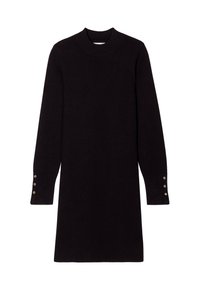 Robe noire à manches longues avec un col haut, fabriquée dans un matériau doux. Présente des accents de boutons aux poignets et une silhouette droite.